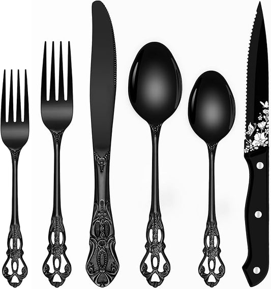 Black Silverware Set, Ollex 24 PCS Retro Royal Silverware Flatware Set for 4 with Spoons Forks Steak Knives Set, Mirror Polished Stainless Steel vintage Black Utensils Set, Dishwasher Safe