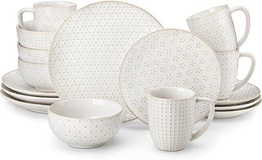 MALACASA 16 Pieces Dinnerware Sets, Modern Relief Design Plates and Bowls Sets, White Dish Set for 4, Kitchen Ceramic Dinner Plates Dishware Set, Microwave and Dishwasher Safe, Series LYDIA