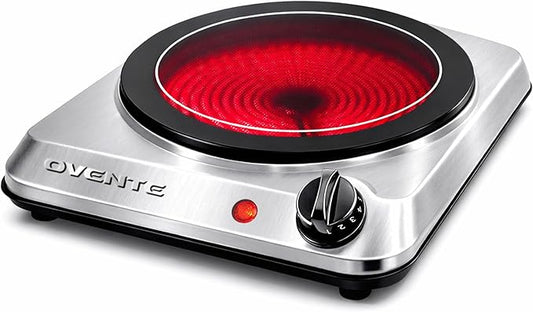 OVENTE Countertop Infrared Single Burner, 1000W Electric Hot Plate with 7” Ceramic Glass Cooktop, 5 Level Temperature Setting & Easy to Clean Base, Compact Stove for Home Dorm Office, Silver BGI101S