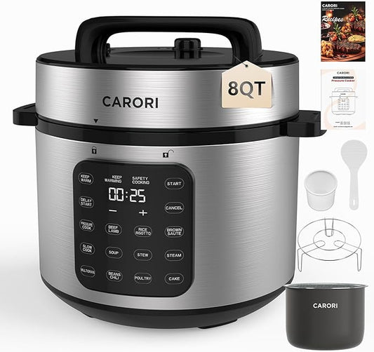 Carori 8 Qt Electric Pressure Cooker, 9-in-1 Multi-Cooker 1000W with IMD Touchscreen, Non-Stick Inner Pot, For Pressure/Slow/Rice Cooking, Steaming, Sauté & Keep Warm, Silver