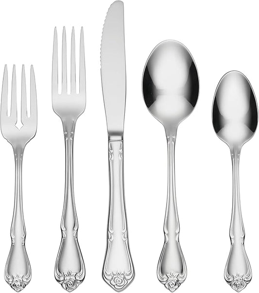 Oneida Silverware Set, True Rose 20-Piece Everyday Flatware Set, Service For 4, 18/0 Stainless Steel, Dishwasher Safe, Knife Spoons And Forks Set, Home And Kitchen Utensils (Silver, 20 Piece)