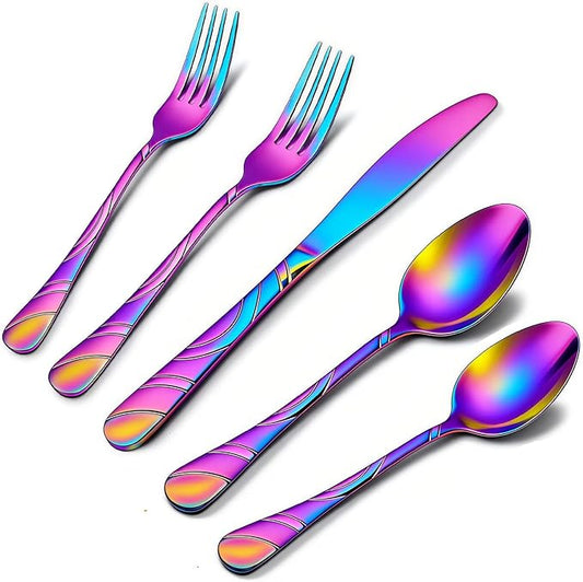 40-Piece Rainbow Silverware Set for 8, 18/0 Frosted & Mirror Finish Stainless Steel Vintage Flatware Set, Modern Cutlery Set for Home Wedding Restaurant Housewarming Party Event Serving For 8