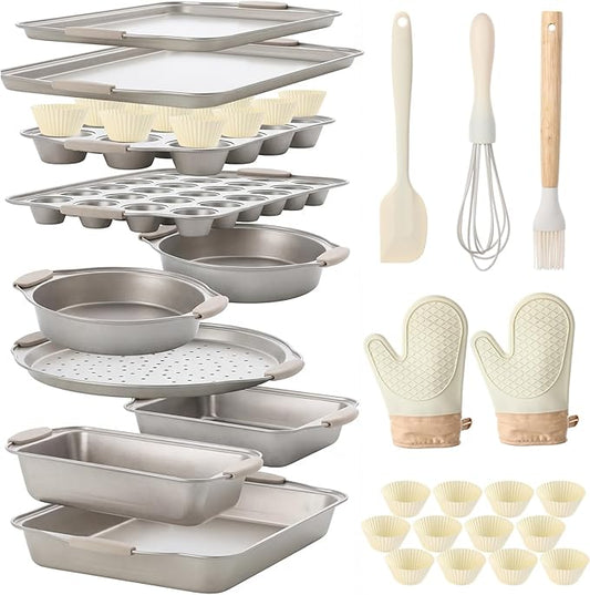 39 Pcs Nonstick Baking Pans Set Stackable Bakeware Set with Silicone Handles, 450°f Oven Safe Easy Release Baking Sheet Sets Cookie Sheets Sets for Cooking