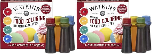 Watkins Assorted Food Coloring, 1 Each Red, Yellow, Green, Blue, Total Four 0.3 oz bottles, 4 Count (Pack of 2)