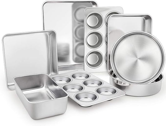 TeamFar Stainless Steel Bakeware Set of 8, Baking Roasting Toaster Oven Pans, Lasagna/Square/Round Cake Pan, Loaf Pan & Muffin Pan, Non-Toxic & Sturdy, Smooth & Dishwasher Safe