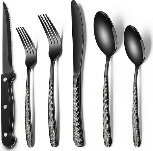EWFEN 24-Piece Black Silverware Set with Steak Knives, Black Flatware Set for 4, Food-Grade Stainless Steel Tableware Cutlery Set, Mirror Finished Utensil Sets for Home Restaurant, Round Hammered