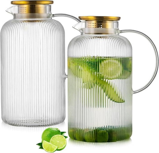 Buaic Glass Pitcher with Lid, 100 oz/ 3 Liter Classic Vertical Stripes Water Pitcher,Glass Water Carafe for Cold Brew, Coffee, Lemonade, Iced Sun Tea,Beverage, Milk, Heat Resistant