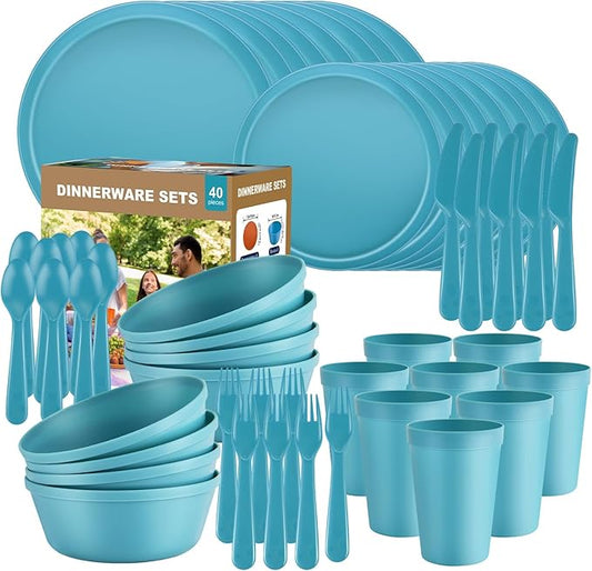 40 Piece Plastic Dinnerware Set for 8 with Cutlery, Unbreakable Plates and Bowls Set, Dishwasher & Microwave Safe Reusable Dish Set for Camping, RV, Outdoor Kitchen, Apartment Dining, Teal