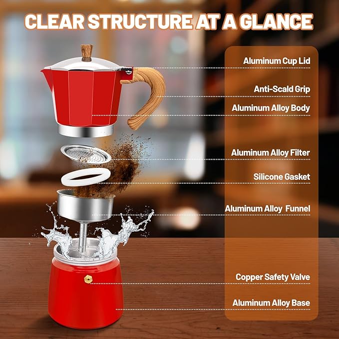 6 Cup Aluminum Espresso Stovetop Moka Pot Express Coffee Maker Percolator Italian Classic Mocha Coffee Machine for Italian and Cuban Cafe Brewing for Home & Camping 300ml 10oz