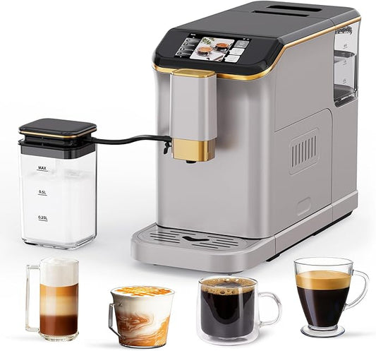 PioneerWorks Full Automatic Espresso Machine with Built-In Grinder & Milk Frother - FTF Touchscreen Coffee Maker for Latte/Cappuccino, 20 Bar Pressur & 1.5L Water Tank, 1350W, Gold