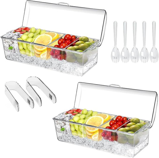 2 Pack Large Ice Chilled Condiment Caddy，Chilled Condiment Containers Server with Lids for 5 Removable Compartments，Serving Platters, Fruit & Garnish Tray for Party Supplies & Bar（2 Pack）