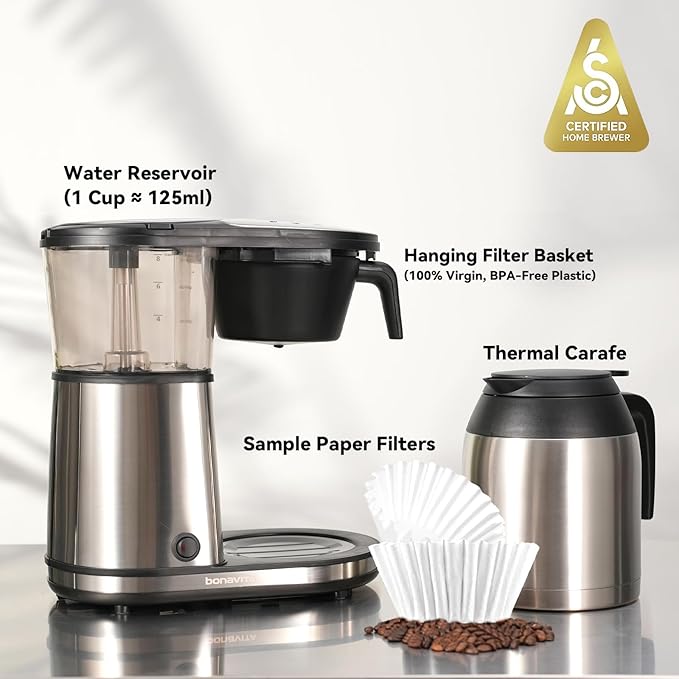 Bonavita 8 Cup Drip Coffee Maker Machine, One-Touch Pour Over, Auto Pause Brewing with Stainless Steel Double Wall Thermal Carafe, SCA Certified, Dishwasher Safe, BV1901TS