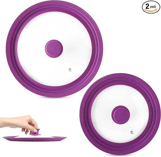 Modern Innovations Universal Lids (Set of 2) Fits 7 to 12-Inch Cookware, Silicone Replacement Pan Lid, Glass Top Covers for Skillets, Pots, Frying Pans, Cast Iron - Lavender