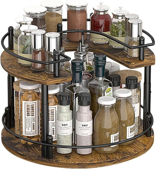 12" Wood Lazy Susan Rotating Spice Rack Spice Turntable Organizer for Kitchen Countertop Pantry and Cabinet Cupboard (A Style, 2 Tier)