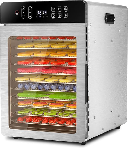 Food Dehydrator, 12 Stainless Steel Trays, 800W Electric Dehydrator Machine with Digital Timer & 194℉ Temp Control, 4 Presets, 10.9ft² Dehydrator for Food and Jerky, Fruit, Herbs, Dog Treats