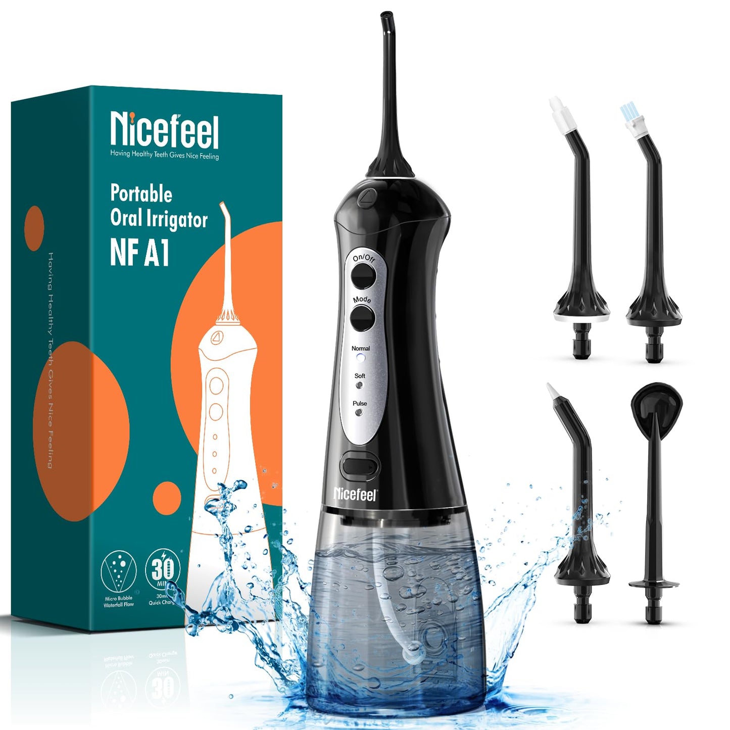 Nicefeel Water Dental Flosser Teeth Pick - Fast Charge Cordless Teeth Cleaner, 3 Modes Portable Oral Irrigator, IPX7 Waterproof Electric Water Dental Flosser for Tonsil Stone, 300ML Tank（Blue White）