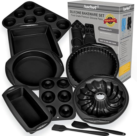 Aschef 9in1 Nonstick Silicone Baking Ring Cake Pan Cookie Sheet Molds Tray Heat Resistant Bakeware Tools Kit for Muffin Loaf Bread Pizza Cupcake Utensil