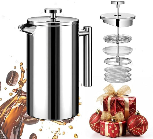 French Press Coffee Maker 34oz, Stainless Steel Double Wall Insulated, 3 Extra Filters & Coffee Spoon for Hot/Cold Brew, Durable Coffee Press for Home, Camping, Office - Silver