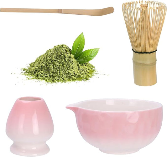 Matcha Whisk Set,4pcs Matcha Set Whisk and Bowl with Spout,Ceramic Matcha Whisk Holder,Scoop(Chashaku),Matcha Kit for Matcha Lovers Kitchen Matcha Accessories,Ideal Gift Christmas(Gradient Pink)