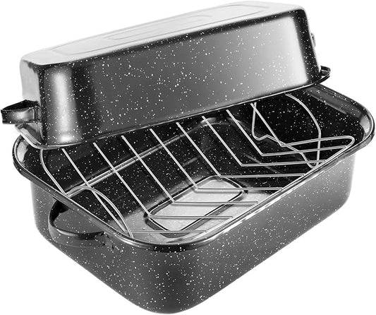 QPMR Roasting Pan with Rack, 21” Rectangular Granite Roaster Pan, 25lb Capacity, Large Roaster Pot for Baking Turkey with Versatile Lid