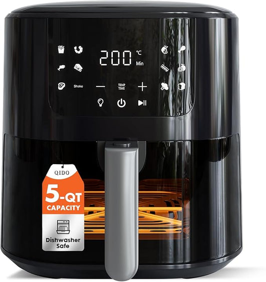 QIDO Air Fryer – 5.5 QT Compact Airfryer for Quick Meals in Minutes, 180°- 450°F Precision Heating, Easy-View Window, Touchscreen Controls with Auto Menus, Nonstick & Dishwasher Safe Basket - Black