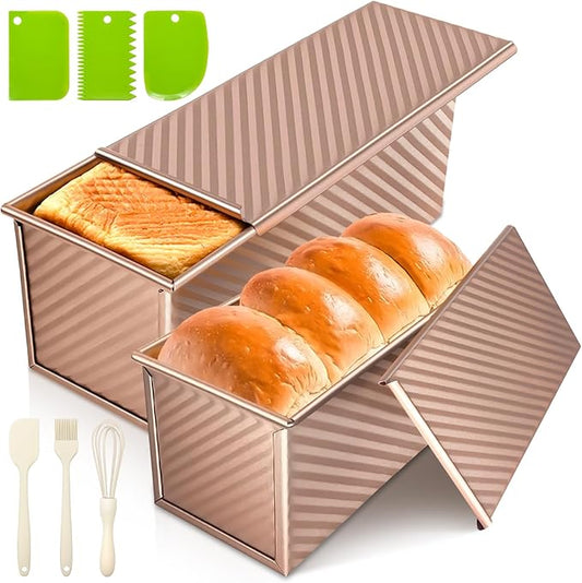 2Pack Loaf Pans with Lids – 2.2 LB & 1 LB Dough Capacity, Non-Stick Carbon Steel Bread Pans for Homemade Sandwich and Sourdough Bread, Corrugated Toast Mold