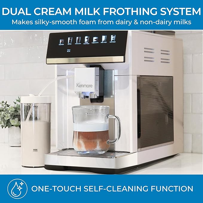 Kenmore Fully Automatic Coffee Maker - with Grinder, Milk Frother & Steamer, Auto Tamper, Descaler Expresso Machine, cafeteras electricas modernas machines For Home/Office White