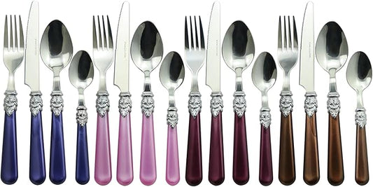 The Original Brink House Gala Mix & Match Stainless Steel Cutlery Set with High-Sheen Baroque Handles / 16 pieces with Metal Stand, Lifestyle utensils set for home, first apartment, dorm, dinner party