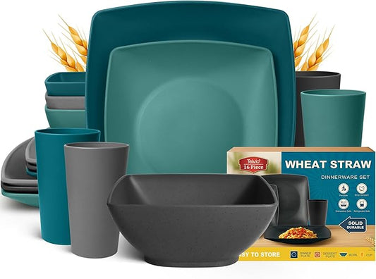 Teivio 16-piece Plastic Wheat Straw Square Dinnerware Set for 4, Unbreakable Dinner Plates, Salad Plates, Snack Bowls, Tumblers 13.5 oz, Dishwasher Safe, Kitchen Outdoor RV Dish, Coastal Multicolor