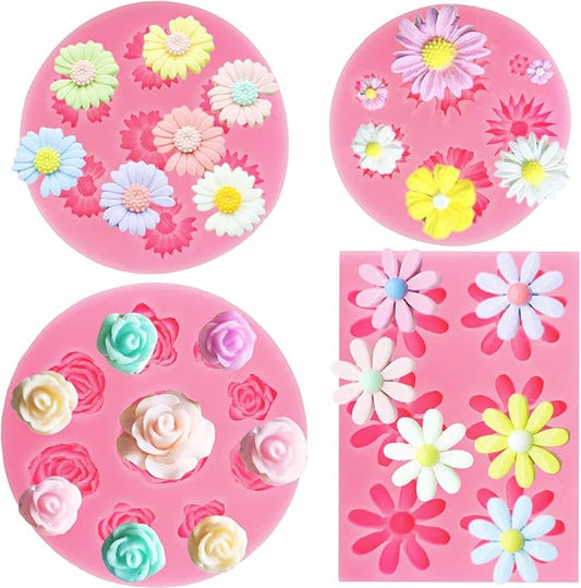 4Pcs Rose Flower Silicone Molds Daisy Chrysanthemum Silicone Molds Small Flower Shapes Fondant Cake Chocolate Molds Polymer Clay Resin Mold for Cake Decoration Candy Ice Cube Soap Wax Making DIY Craft