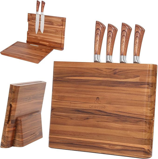 2 - in - 1 Magnetic Knife Block Holder with 16"x11" Cutting Board, Crafted from Premium Natural Teak Wood, Exquisitely Made with Elegant Design, Ideal for Efficient Kitchen Knife Storage