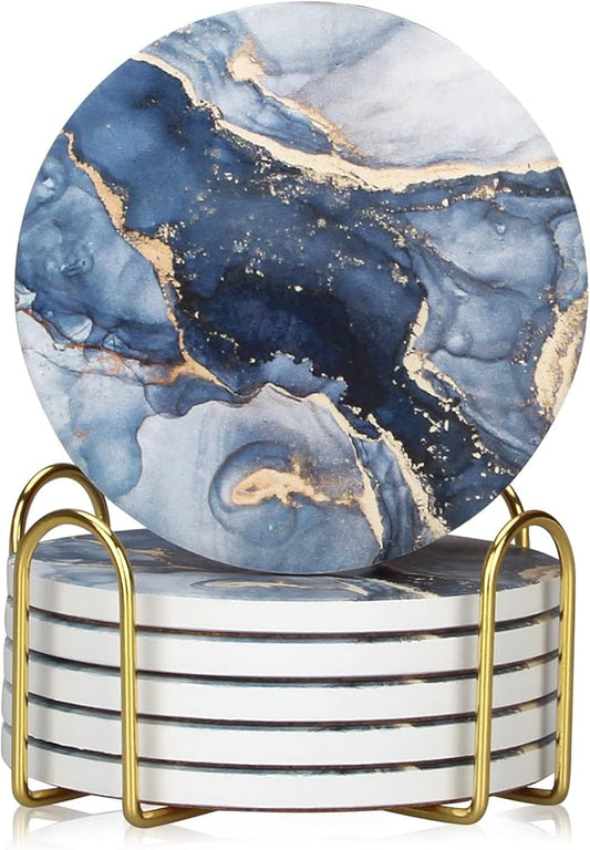 Coasters Set of 6, Navy Blue Marble Abstract Round Ceramic Coasters with Holder, Best Absorbent Drink Coaster Set, Coffee Table Decor for Home Decor House Warming Gifts New Home