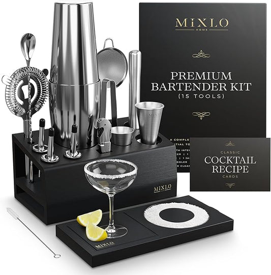 Mixology Bartender Kit -15Pcs Bar Set Cocktail Shaker Set w Black Bar Cart Accessories Stand - Shakers Bartending Silver Tools, 24oz Shaker, 17 Recipe Cards, Martini Barware