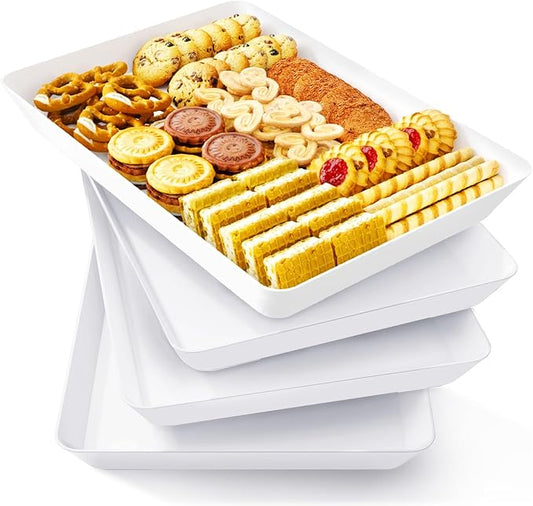 Lifewit Serving Tray for Party Supplies, Reusable Serving Platter for Catering, Snack, Fruit, Charcuterie, Appetizer, Plastic Food Trays, Hosting Essentials, BPA Free, White, 4 Pcs