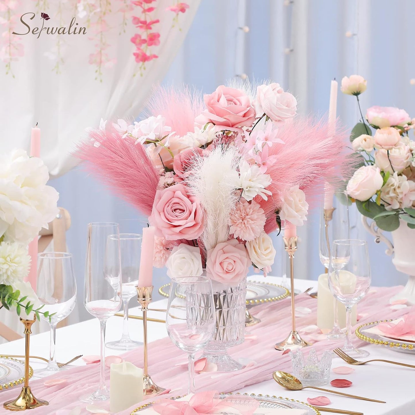 Serwalin 60 Pcs Pink Pampas Grass Decor, 17.7" Faux Pampas Grass, Short Artificial Fluffy Pompas Grass Vase Filler Flower Arrangement for Boho Home Wedding Living Room Wall Party Decoration