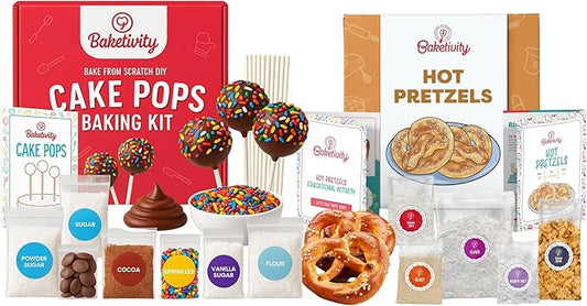 Baketivity Cake Pop & Pretzel Baking Kit Bundle – 2 Fun DIY Cooking Sets for Kids with Pre-Measured Ingredients – Learn, Bake & Bond – Fun Gift for Ages 5-12+