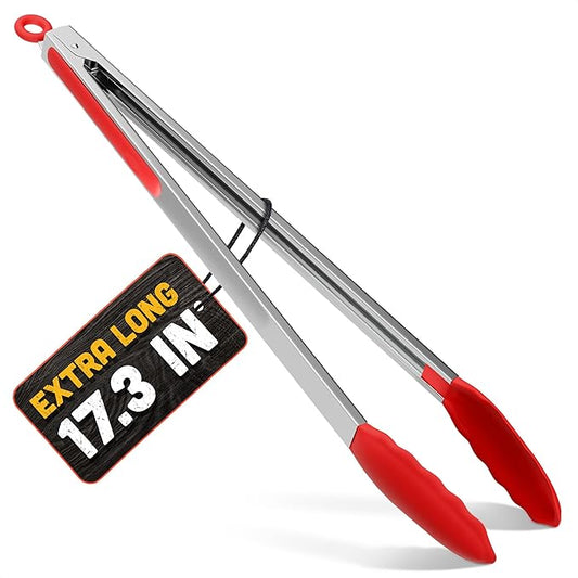 Kitchen Salad Tongs for Serving 17.3" - Heat-Resistant Extra Long Tongs with Silicone Tips for Convenient Flipping Food on BBQ - Stainless Steel Long Tongs for Grabbing & Cooking & Grilling