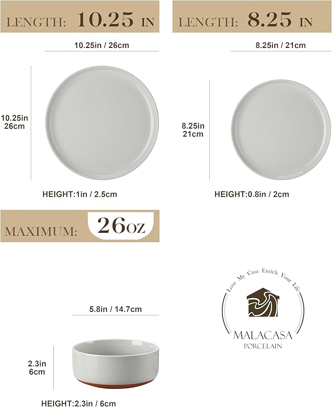 MALACASA Plates and Bowls Sets, 24 Pieces Modern Ceramic Dinnerware Set for 8 Kitchen Dinner Set Stoneware Dishware Dishes Set Microwave and Dishwasher Safe, Grey, Series TARA