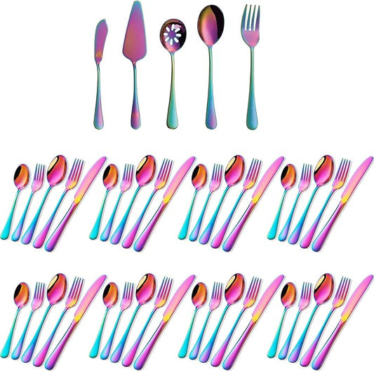 Rainbow Silverware Set Flatware Cutlery - 45 Pieces Stainless Steel Colorful Utensils, Tableware Set Service for 8, Serve Set