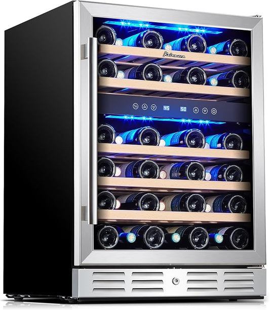 Kalamera 24 inch Wine Cooler, 37 Bottle - Dual Zone Built-in or Freestanding Fridge with Stainless Steel Reversible Glass Door, for Home, Kitchen or Office
