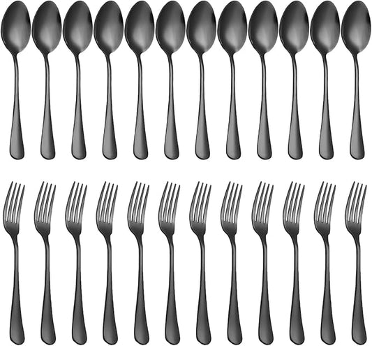 24 Piece Black Forks and Spoons Silverware Set for 12, Stainless Steel Dinner Forks(8 Inch) and Spoons(6.7 Inch) Black Silverware Set, Heavy-Duty Cutlery Set, Dishwasher Safe