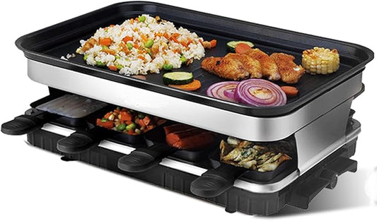 Elevon Electric Korean BBQ Indoor Grill, Table Smokeless Portable Raclette Grill with 8 Mini Grill Cheese Pans, Removable Non-Stick Temperature Control 1500W, Ideal for Parties and Family Fun