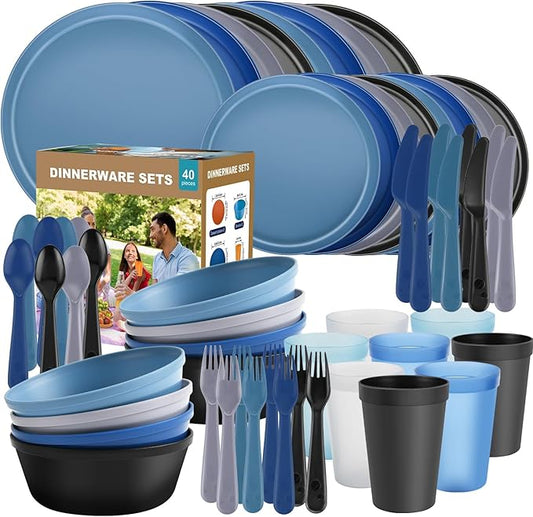 40 Piece Plastic Dinnerware Set for 8 with Cutlery, Unbreakable Plates and Bowls Set, Dishwasher & Microwave Safe Reusable Dish Set for Camping, RV, Outdoor Kitchen, Apartment Dining,Ocean Multicolor