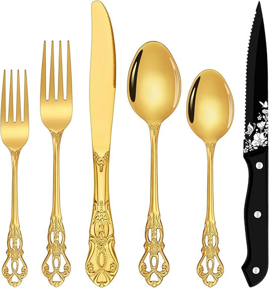 Gold Silverware Set, Ollex 24 Pieces Retro Flatware Set for 4 with Spoons Forks Black Steak Knives Anti-rust Silverware Steel Cutlery Set, Gold Utensil set Mirror Polished&dishwasher safe