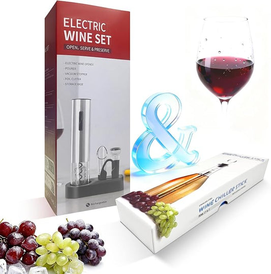 Rechargeable Electric Wine Opener Set with 3-in-1 Stainless Steel Bottle Cooler - Automatic Corkscrew, Wine Chiller，Vacuum Sealer, Foil Cutter, Pourer, Cool your wine for its flavor,Valentine gift