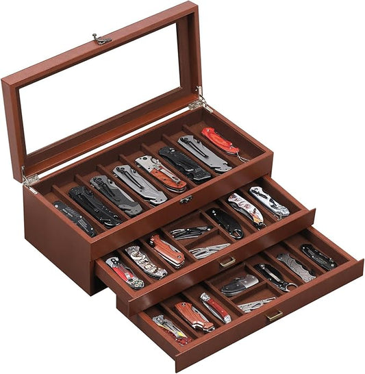 AUTOARK 3-Tier PU Leather & Velvet Knife Organizer with 26 Slots,Transparent Glass Top & Drawer,Compact Storage for Pocket Knives,Ideal for Men's Collections & Gifts,Coffee,MKAW013