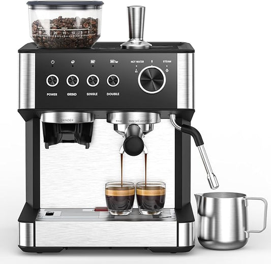 Electactic Espresso Machine 15 Bar with Built-in Anti-Clog Coffee Grinder,Stainless Steel Coffee Maker with 77.8 oz Removable Water Tank for Cappuccino/Latte,Home&Office,Black
