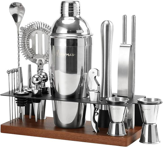 23-Piece Bartender Kit, Cocktail Shaker Set with Stand | Bar Set Drink Mixer Set with All Essential Bar Tools: Martini Shaker,Bar Mixer Spoon, Jigger, Strainer, Muddler, Pourers, for Home, Bar, Party