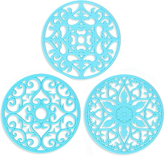 ME.FAN Trivets for Dishes/Pots/Pans, 3 Pcs Silicone Mats, Flexible/Durable/Non Slip Hot Pads to Protect Table and Counter Top (Blue)