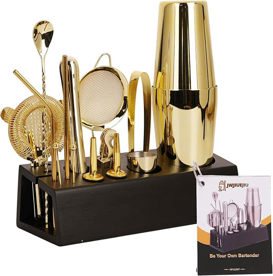 Cocktail Shaker Set Bartender Kit with Bamboo Stand, 15-Piece Stainless Steel Bar Set Accessories, Professional Bartending Kit Home Bar Tools Set with Recipes (Gold, Black Stand)